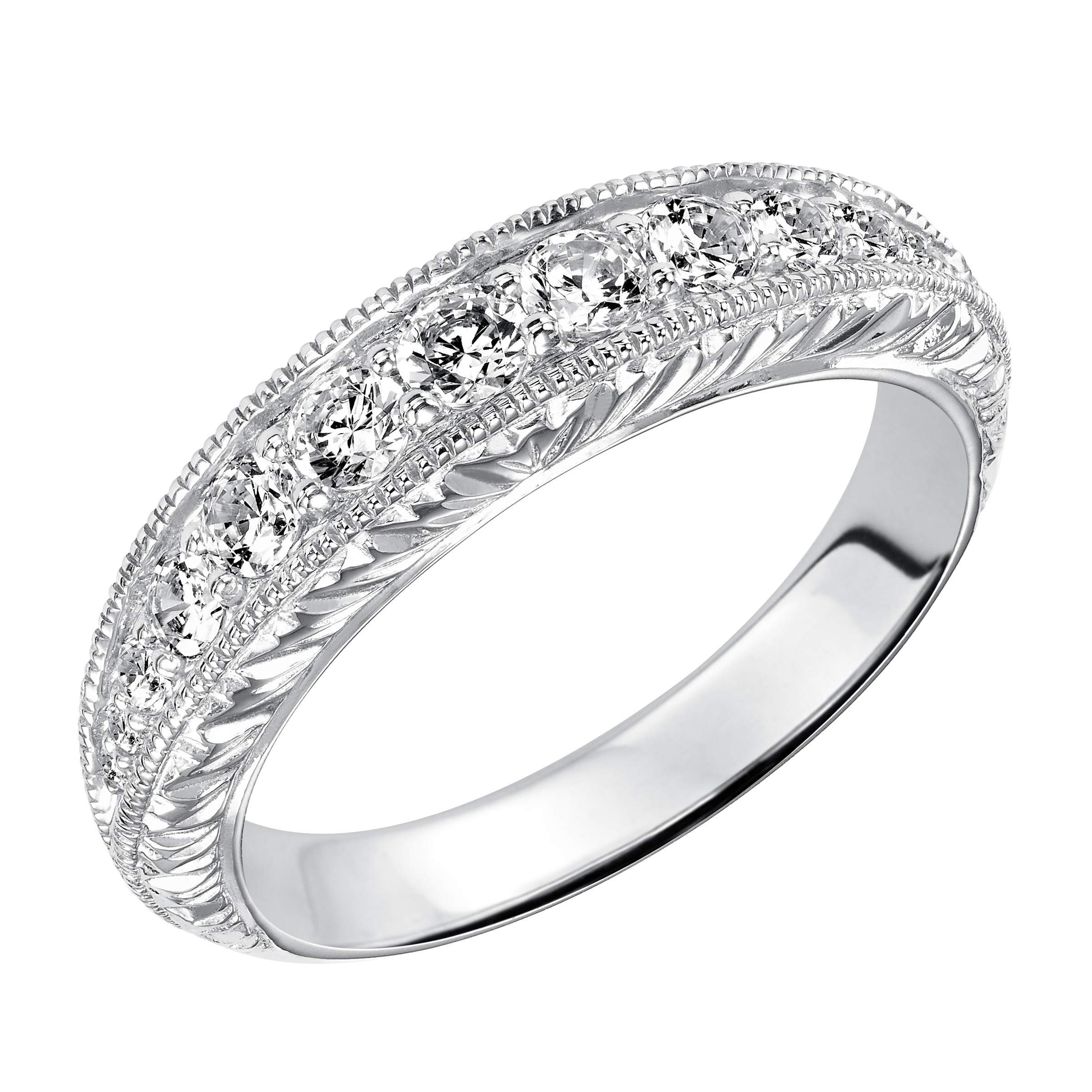 Wedding band with bead set, round diamonds, milgrain and engraved design.