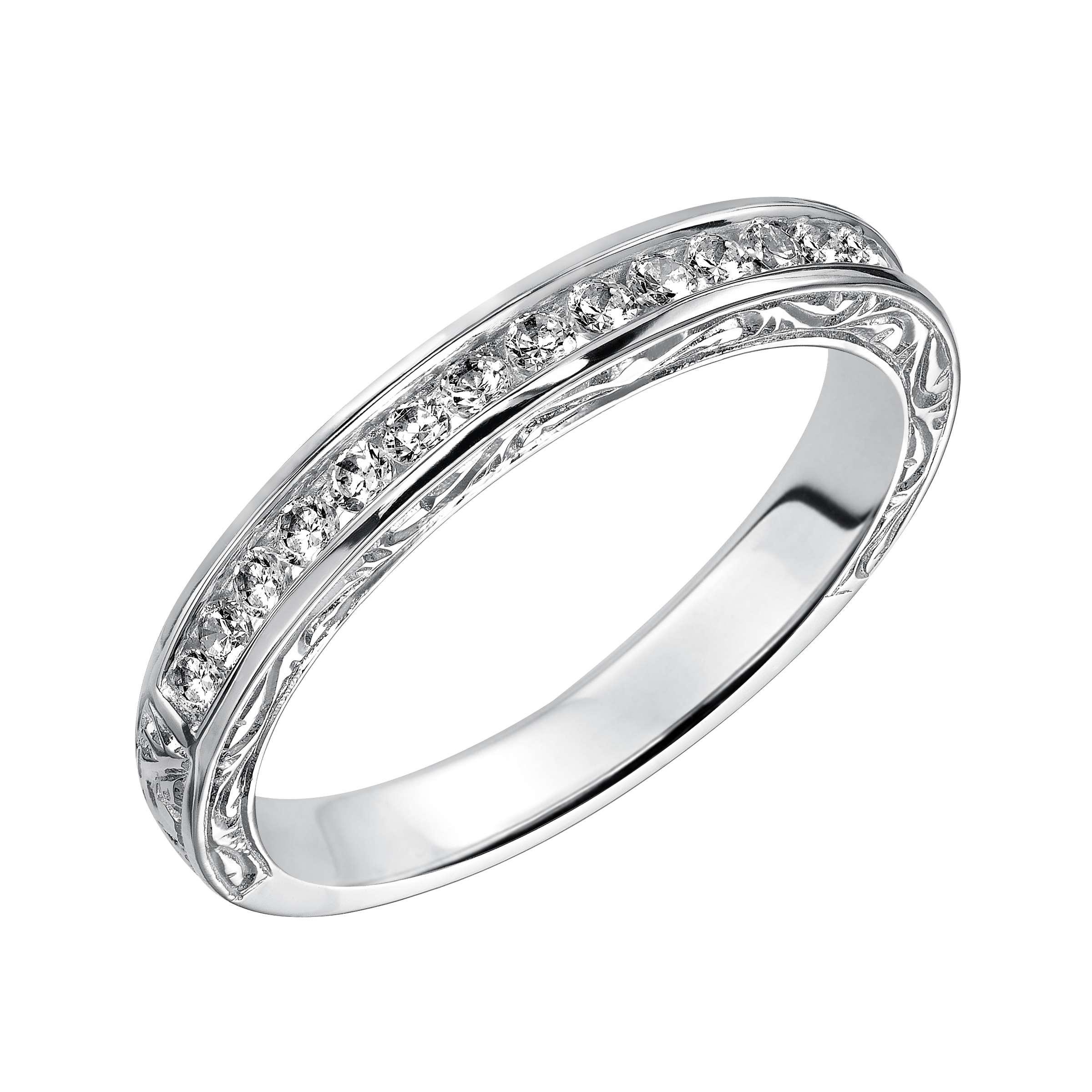 Wedding band with bead set, round diamonds and engraved design.