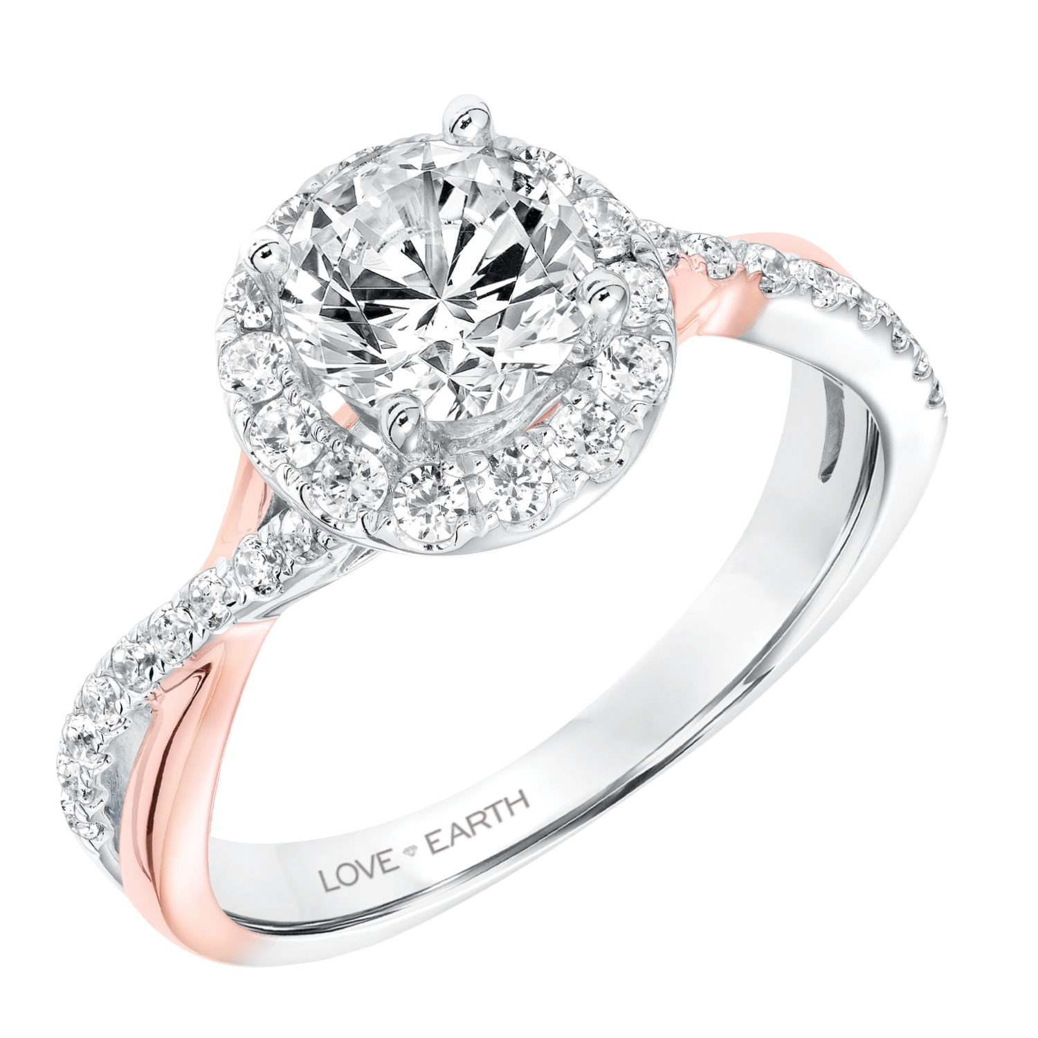 Contemporary Engagement Ring with Lab-Grown Diamond Round Halo and Half Lab-Grown Diamond and Half Polished Twist Shank