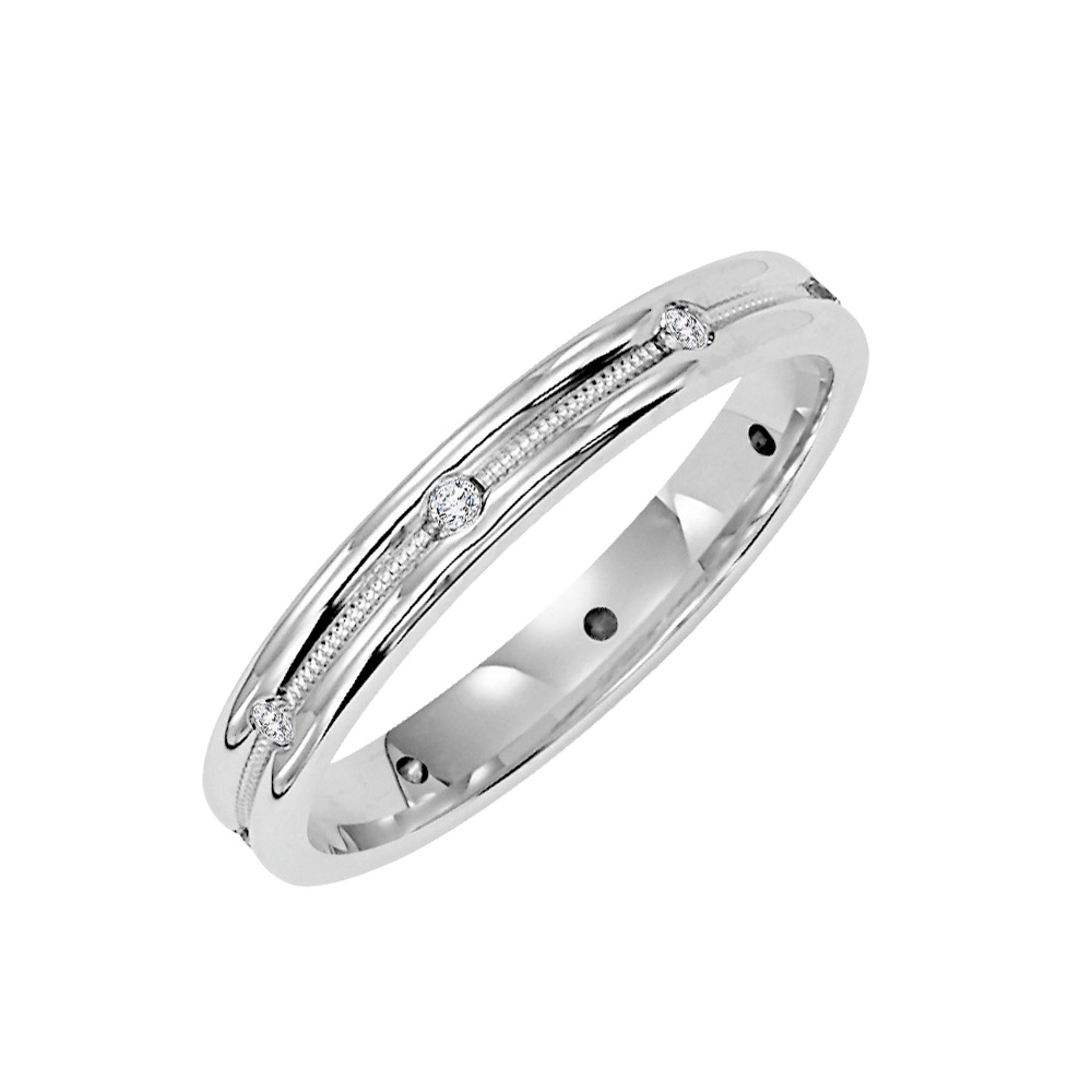 Wedding band with bezel set, round diamonds and milgrain accents.