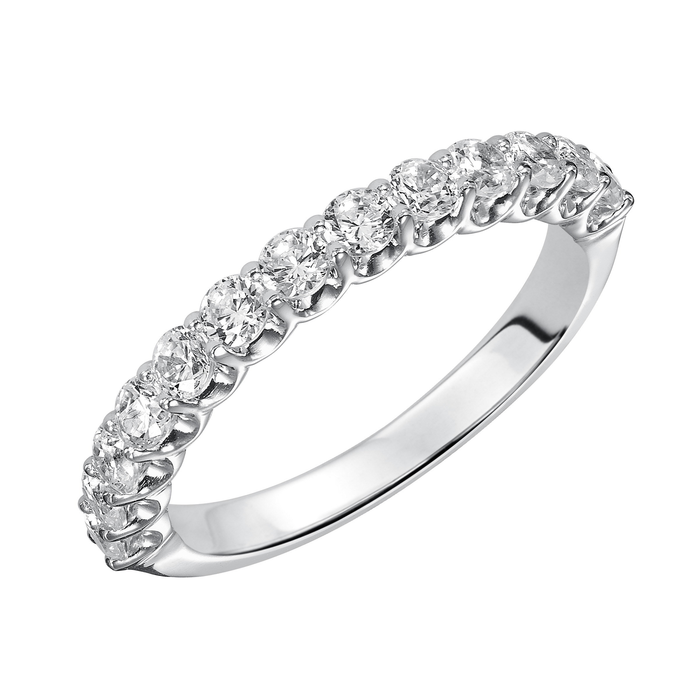 Wedding band with round, prong set diamonds.