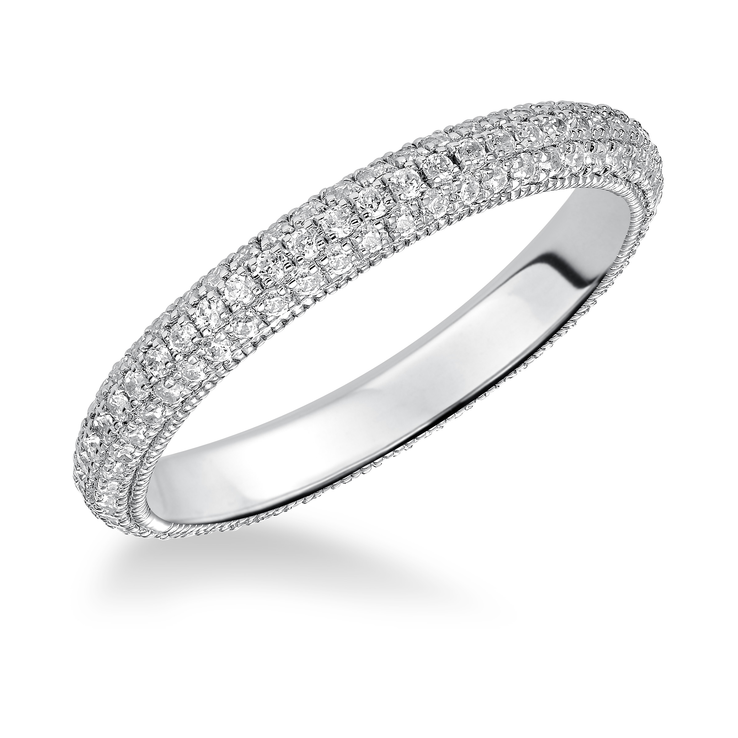 Eternity wedding band with multi-row, round, bead set diamonds and milgrain accents.