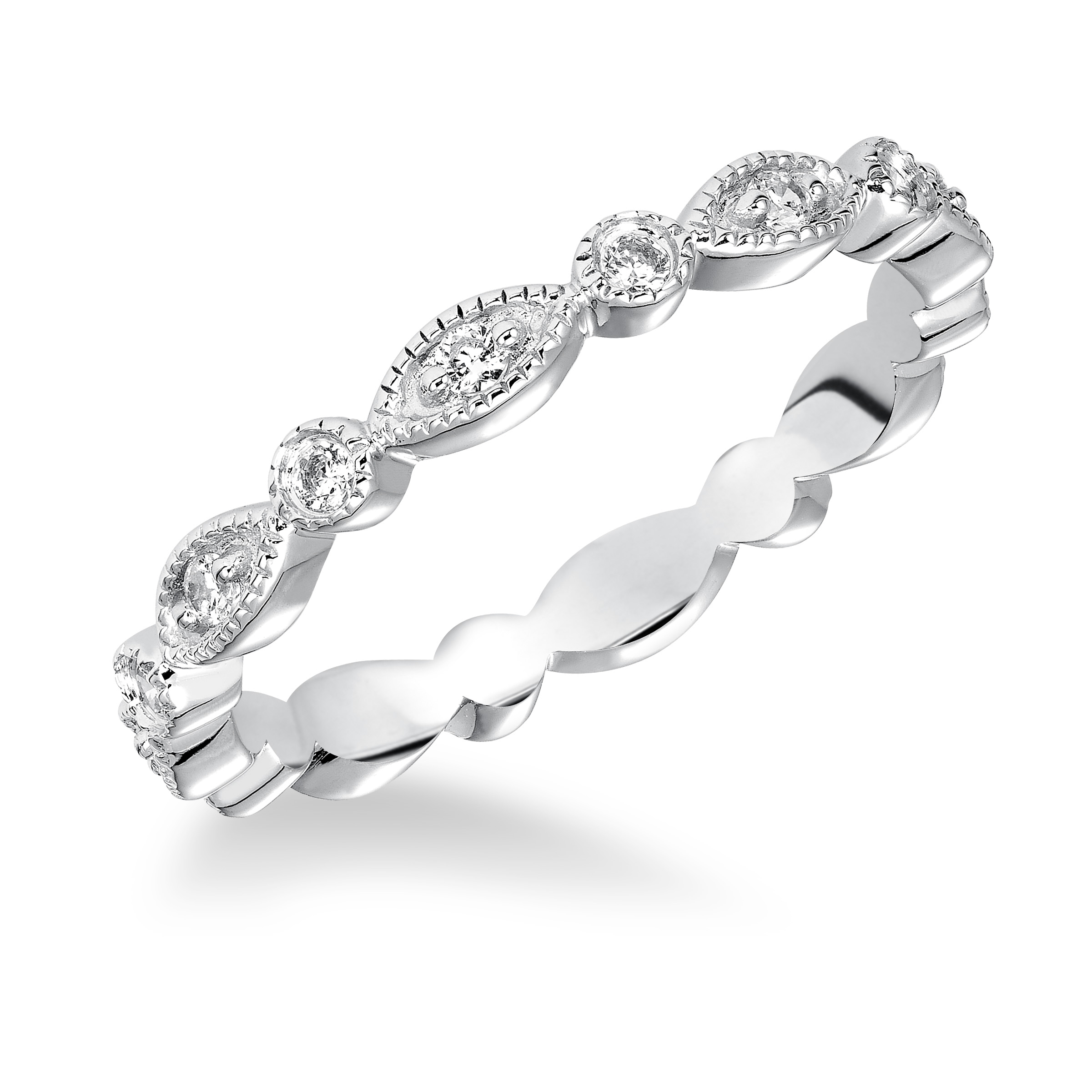 Wedding band featuring a geometric-inspired design with round diamonds and milgrain.
