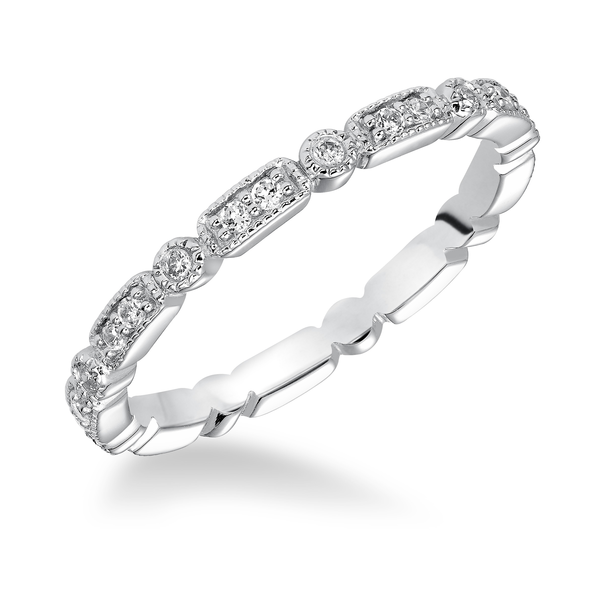 Wedding band featuring a geometric-inspired design with round diamonds and milgrain.