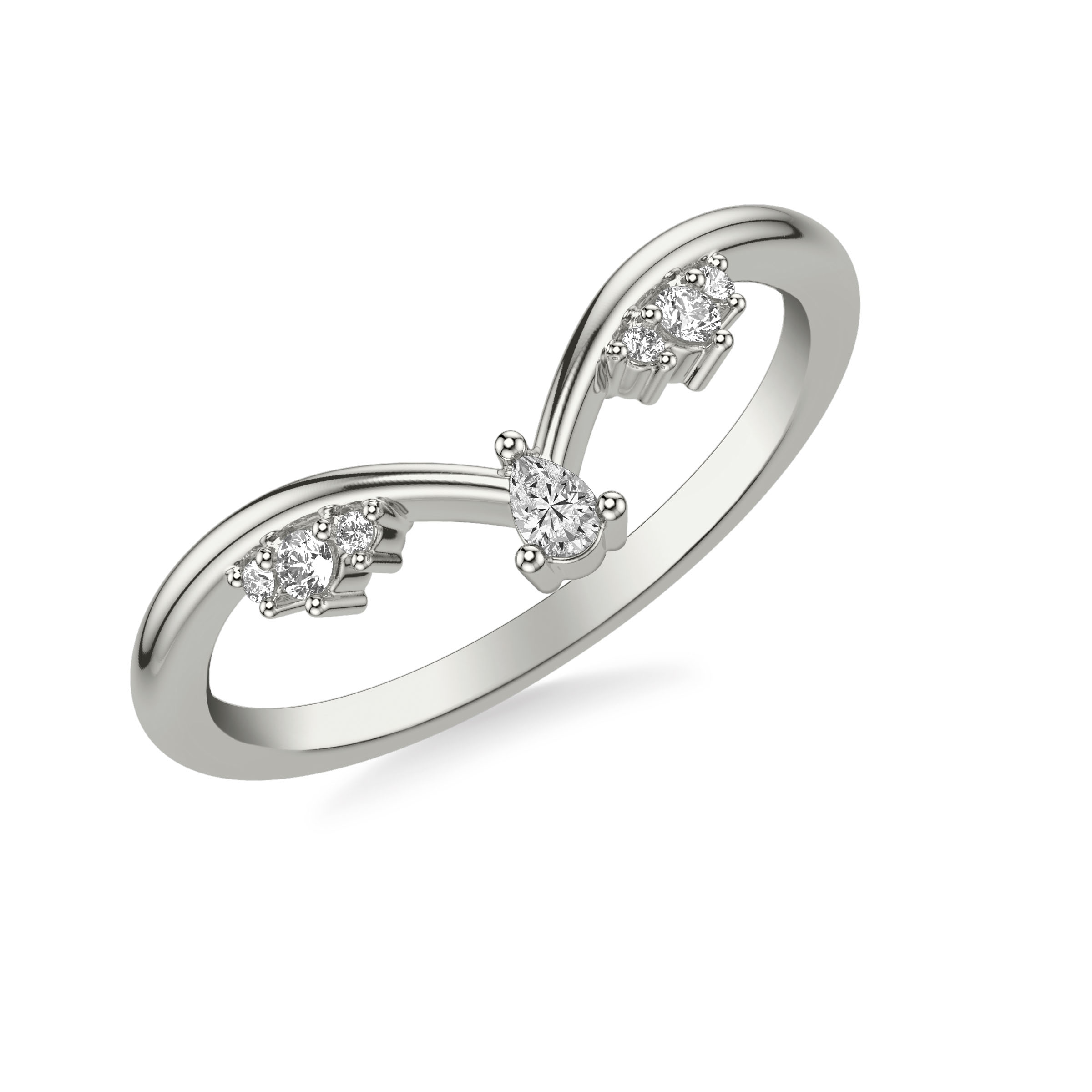 Contemporary V Curved Stackable Polished Band with Cluster Diamond Stations and Petite Pear Diamond Accent