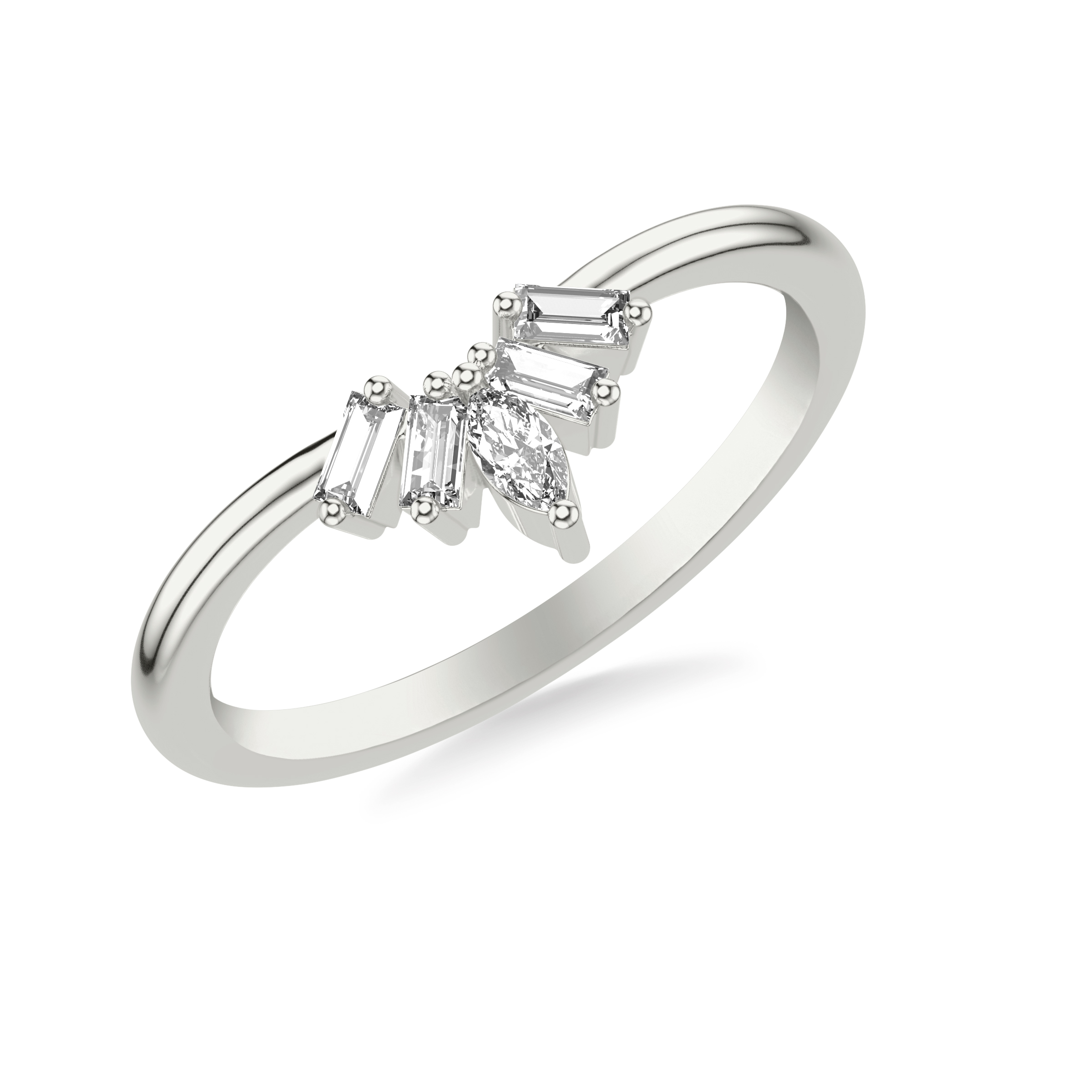 Contemporary Curved Stackable Polished Band with Marquise Diamond Accent and Side Baguettes