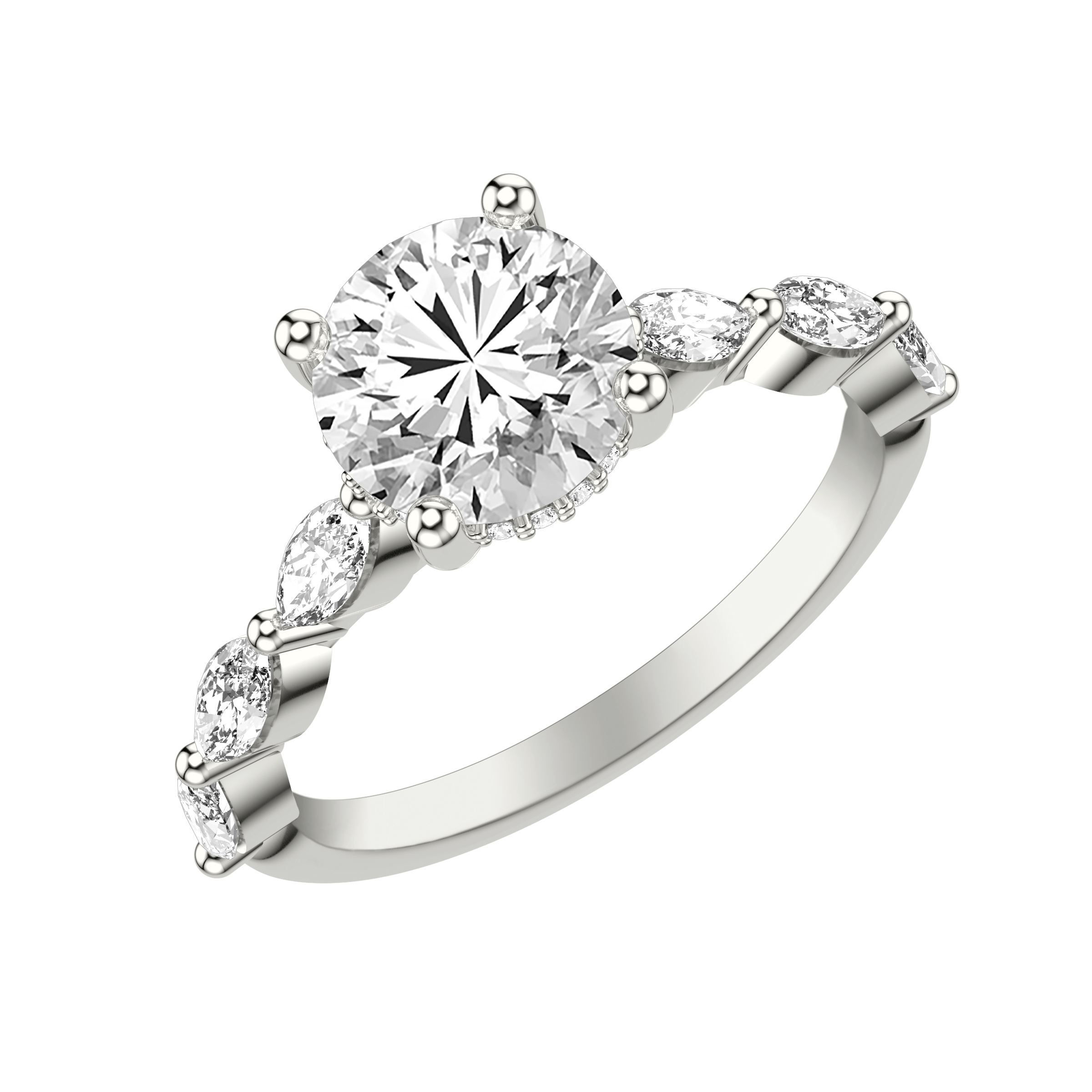 Contemporary Engagement Ring with Marquise Diamonds with Shared Prongs and Hidden Diamond Details