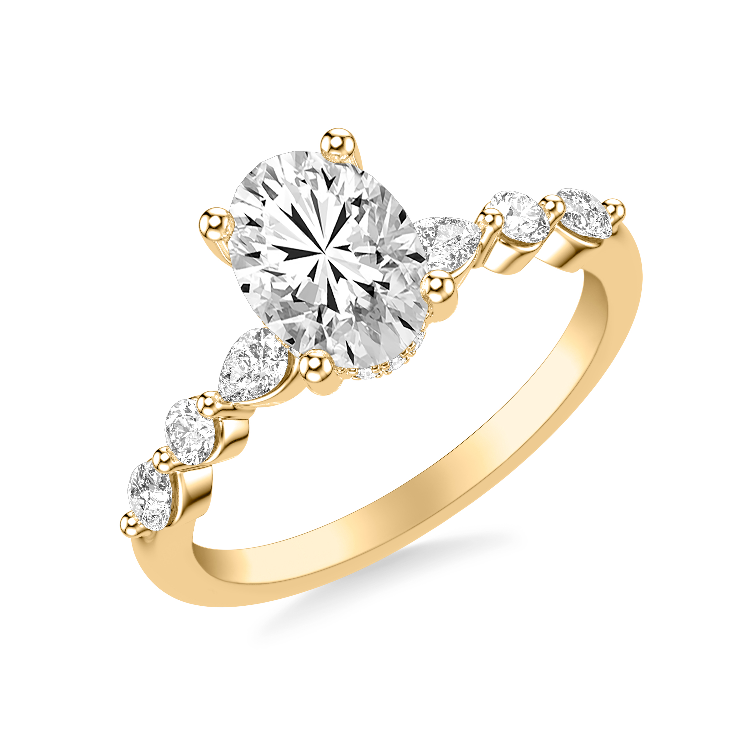 Contemporary Engagement Ring with Alternating Pear and Round Diamonds with Shared Prongs and Hidden Diamond Details