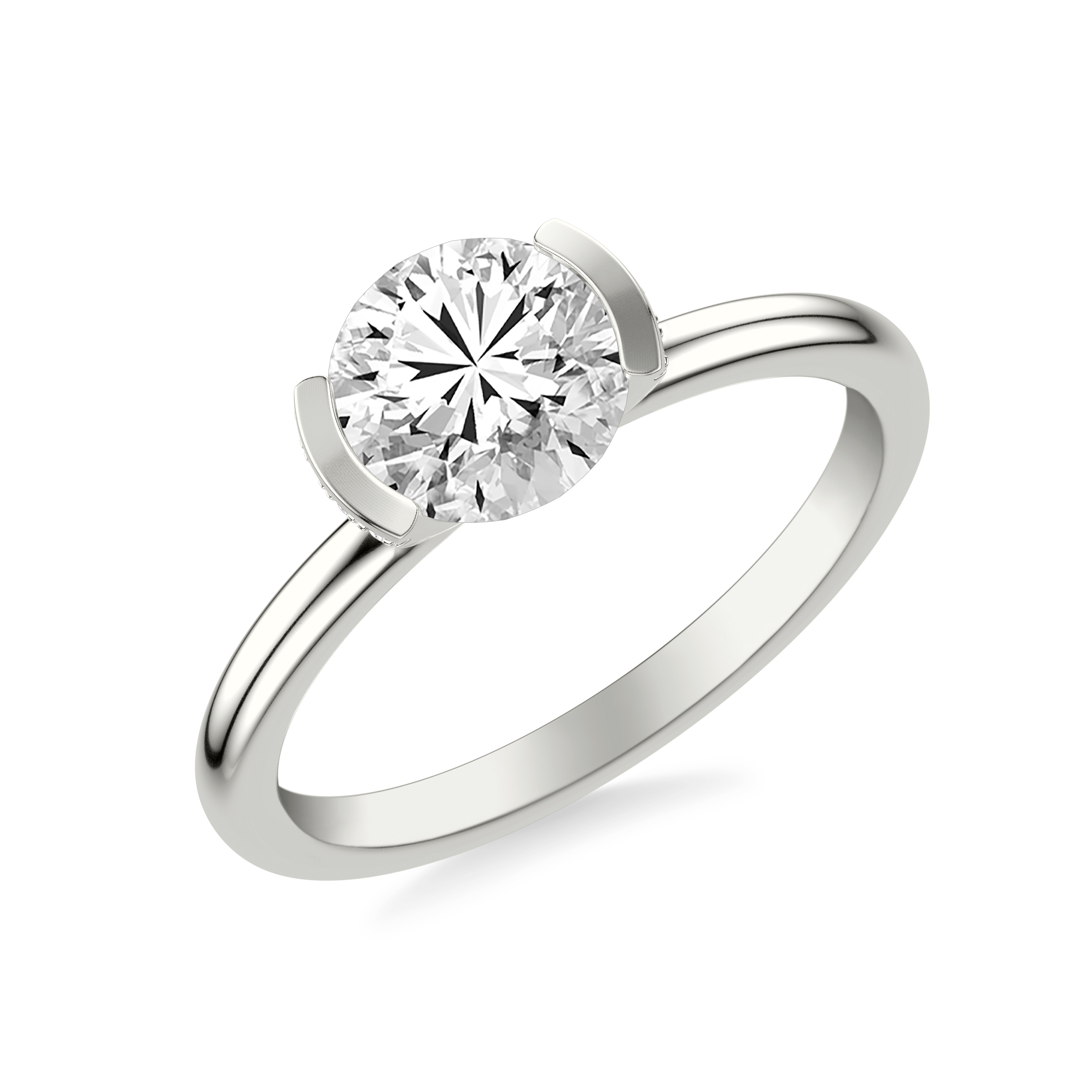 Contemporary Half Bezel Solitaire Diamond Engagement Ring with Polished Shank and Hidden Diamond Details