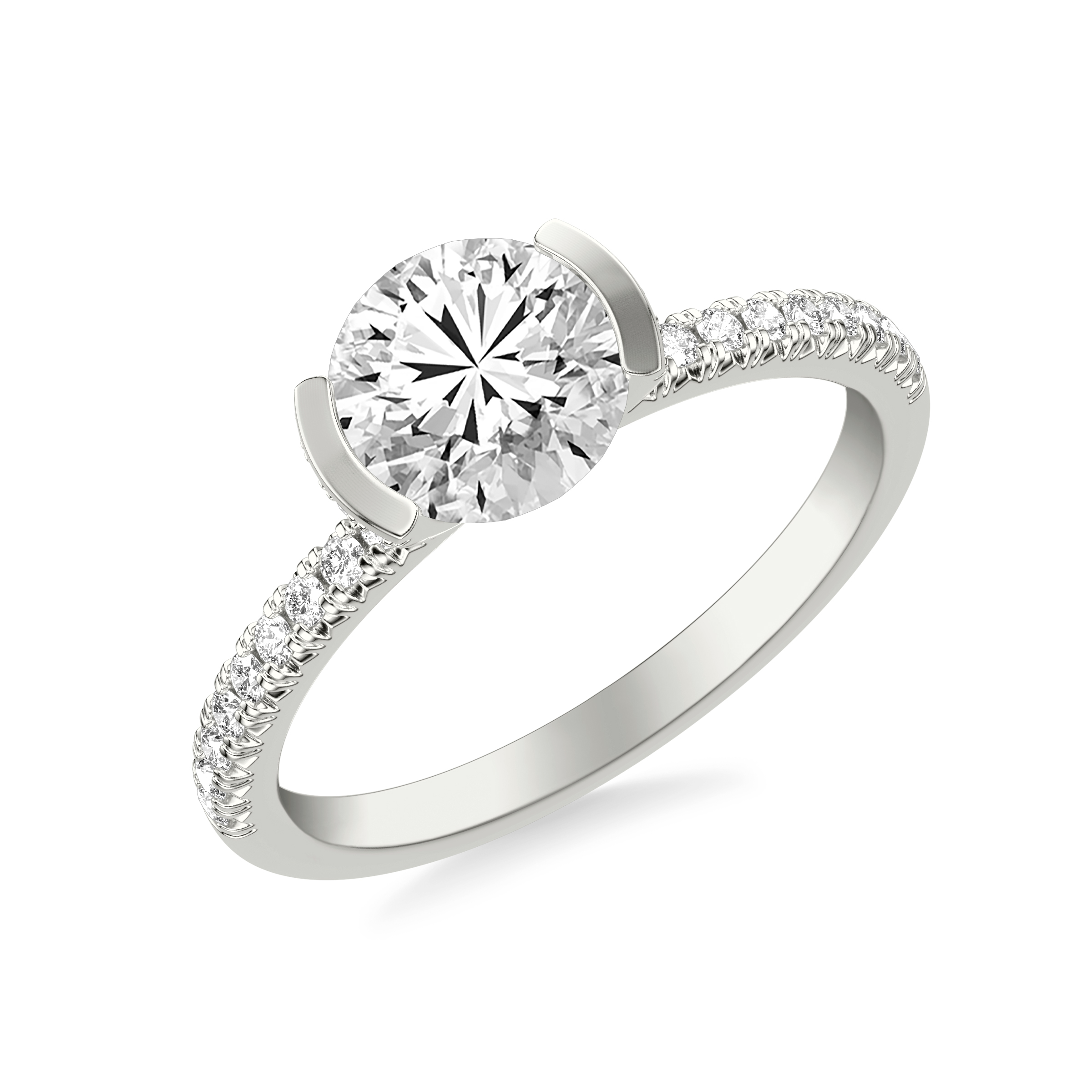 Contemporary Half Bezel Solitaire Diamond Engagement Ring with Polished Shank and Hidden Diamond Details