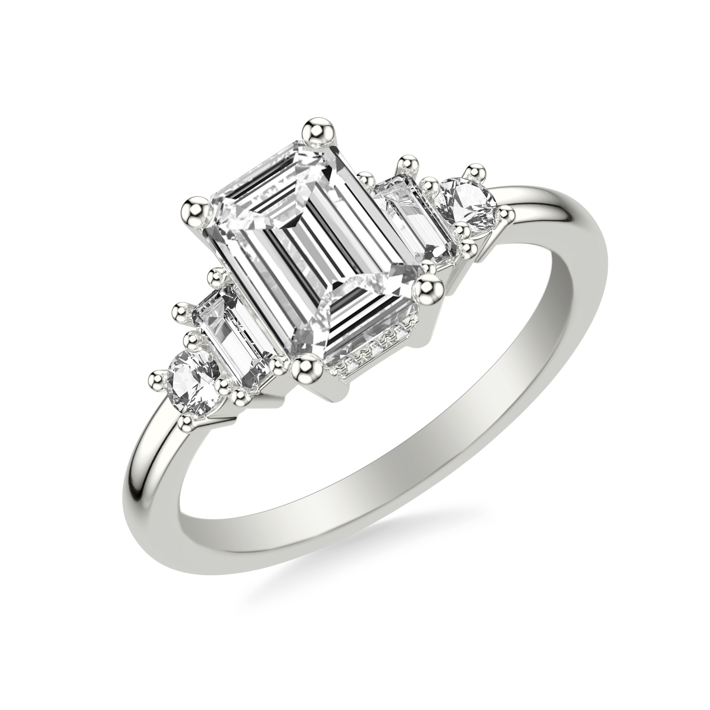 Contemporary Engagement Ring with Baguette and Round Diamonds and Polished Shank