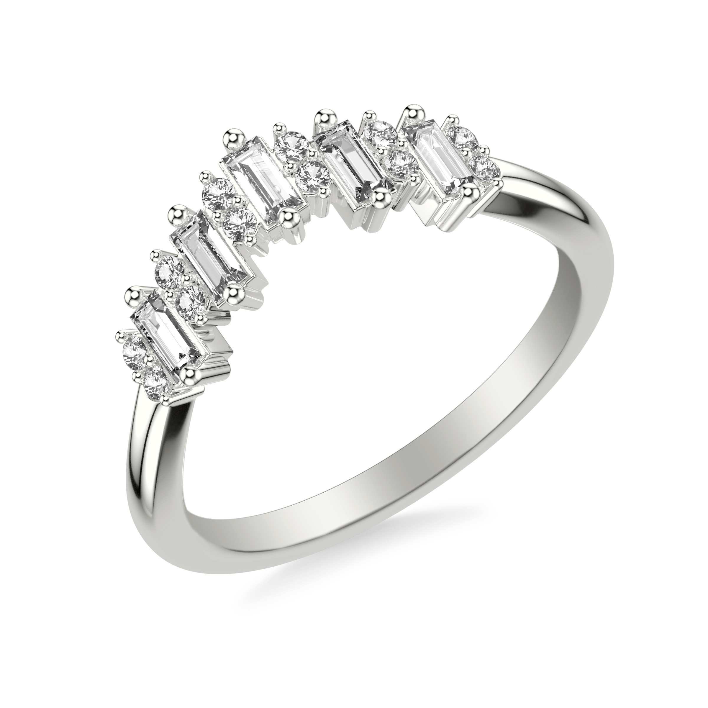 Contemporary Curved Wedding Band with Baguette and Round Diamonds