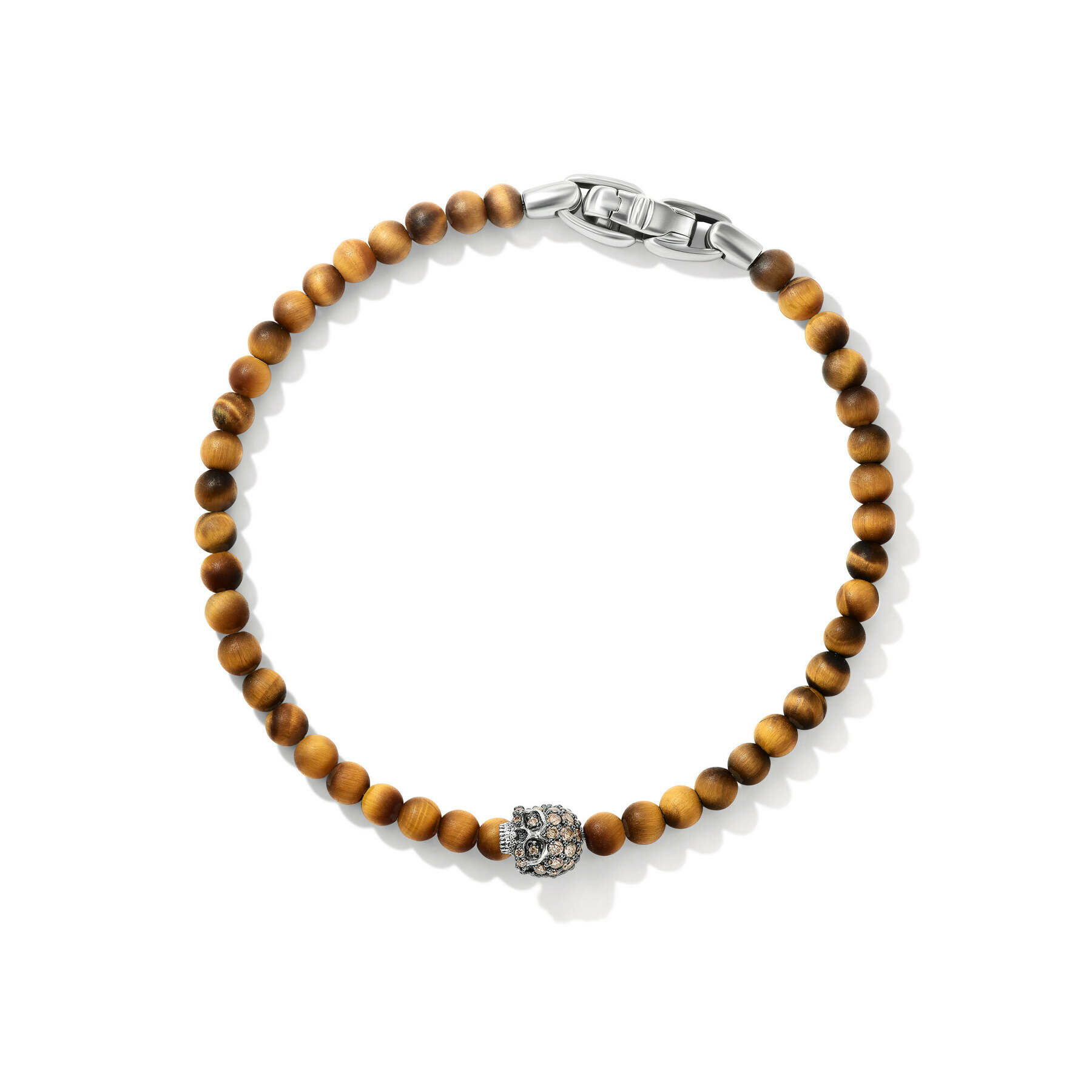 Memento Mori Skull Station Bracelet in Sterling Silver with Tigers Eye and Cognac Diamonds, 4mm